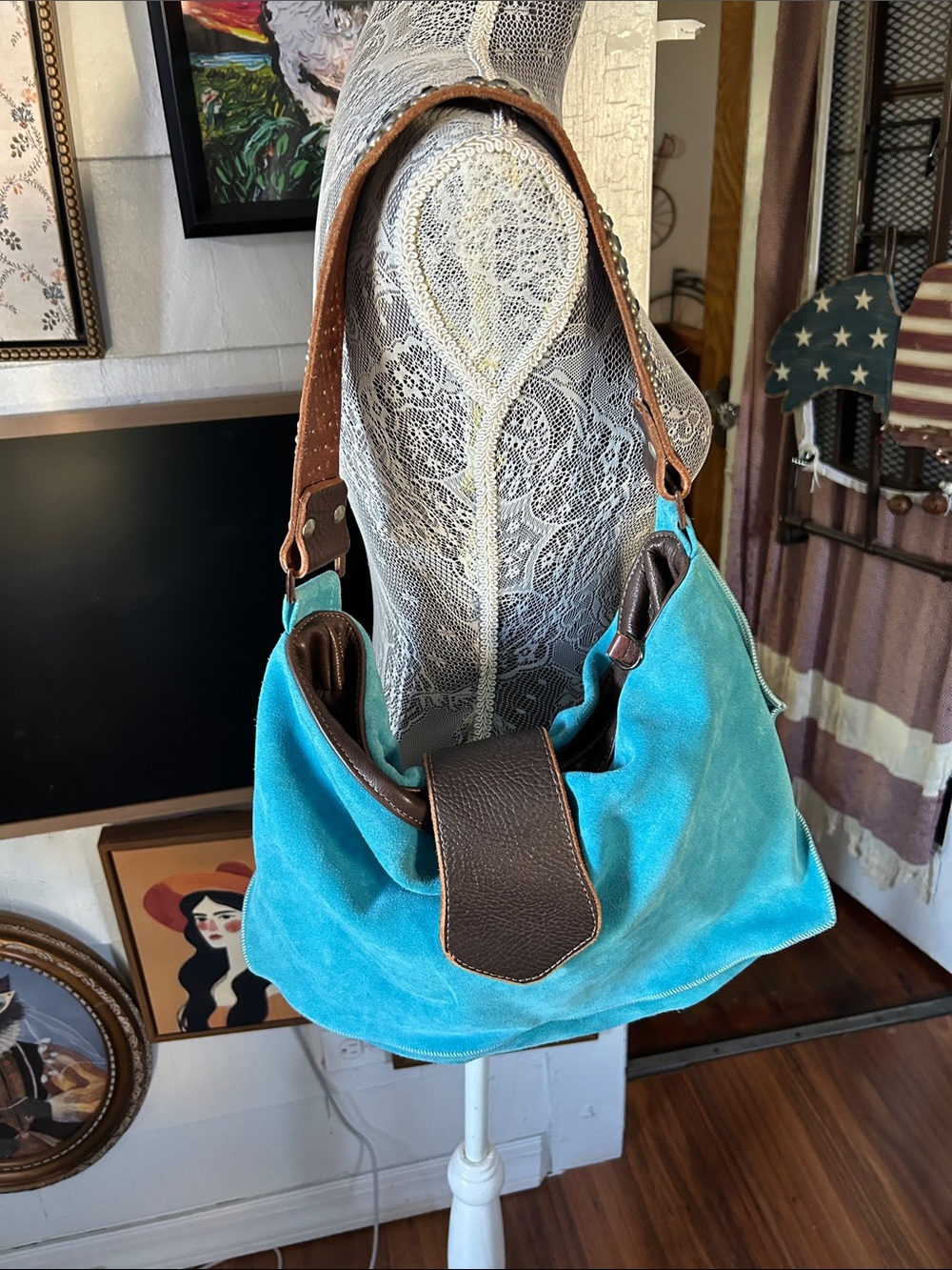 Turquoise Suede Hobo Bag with Brown Leather Trim